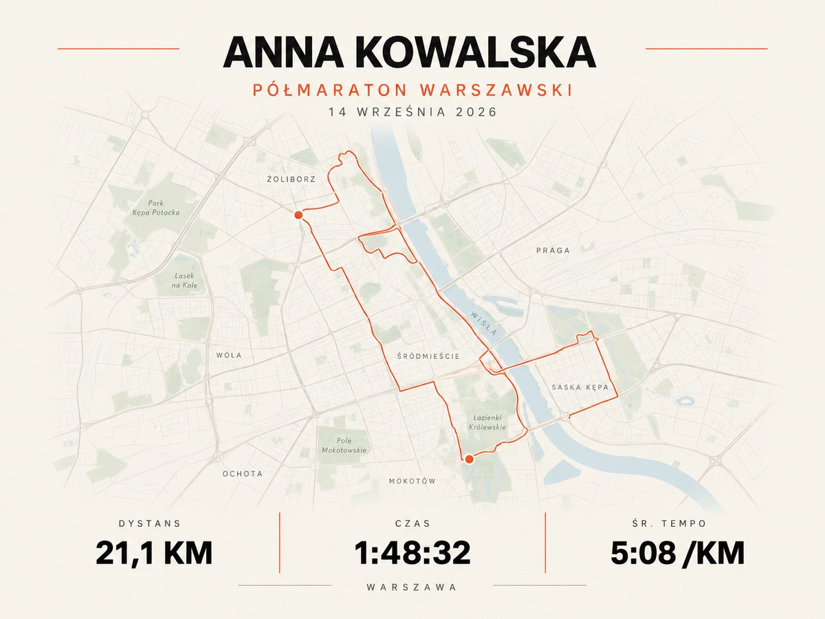Ramka z trasą Półmaratonu Warszawskiego na jasnej mapie, z dystansem, czasem i tempem